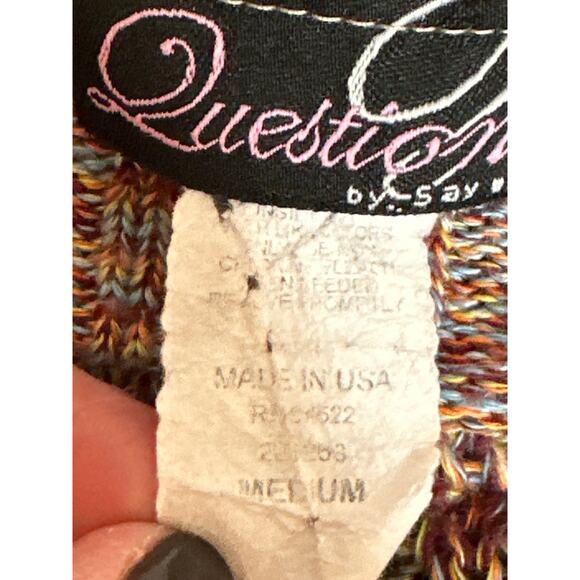 QUESTIONS Open Knit Tunic Top Multicolor M Cowl Sleeve Y2K Boho Hippie Festival - Picture 8 of 11